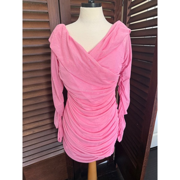 SHEIN Dresses & Skirts - SHEIN Pink Glitter Mesh Ruched Bodycon Mini Dress Long Sleeve Wrap Front XL